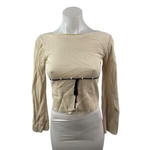 Motel Women's Beige Tie Bustier Ribbed KNit Long Sleeve Blouse Crop Top Size M
